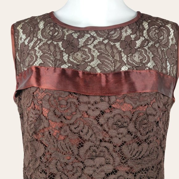 Vintage 1960s Brown Lace Cocktail Dress MOD MCM Tent Flare Satin Bow Lined M - Picture 3 of 12